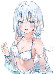  absurdres auui bare_shoulders bikini blue_eyes blue_flower blush breasts cleavage collarbone commentary female flower grey_nails hair_between_eyes hair_flower hair_ornament hand_up highres horns long_sleeves looking_at_viewer low_twintails medium_breasts nail_polish oerba_yun_fang oni oni_horns open_mouth original pointy_ears puffy_long_sleeves puffy_sleeves simple_background solo swimsuit twintails upper_body white_background white_bikini white_flower white_hair 