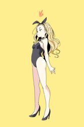  absurdres black_footwear black_leotard black_ribbon blonde_hair blue_eyes commentary_request female flat_chest forehead high_heels highres kurumi_(lycoris_recoil) leotard long_hair lycoris_recoil misskiwi neck_ribbon playboy_bunny ribbon solo 