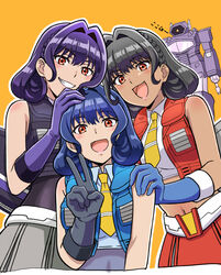  3girls absurdres arm_cannon belt black_gloves black_vest blue_gloves blue_vest bodystocking breasts brown_eyes commentary_request crop_top cropped_vest dark-skinned_female dark_skin decepticon gloves grey_skirt hair_behind_ear hair_intakes hand_on_another&#039;s_head hand_on_another&#039;s_shoulder highres komagoma kotobukiya_bishoujo looking_at_viewer mecha medium_breasts medium_hair midriff multiple_girls navel oerba_yun_fang one-eyed open_mouth parted_lips purple_gloves red_skirt red_vest robot shockwave_(transformers) skirt skywarp skywarp_(kotobukiya_bishoujo) smile starscream starscream_(kotobukiya_bishoujo) thundercracker thundercracker_(kotobukiya_bishoujo) transformers transformers:_generation_1 translation_request upper_body v vest weapon white_belt 