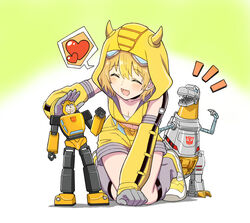  ^_^ absurdres autobot blonde_hair blue_eyes blush bumblebee_(kotobukiya_bishoujo)_(transformers) bumblebee_(transformers) clenched_hand closed_eyes commentary_request cropped_hoodie detached_sleeves dinosaur female gloves grey_gloves grey_leg_warmers grimlock heart highres hood hood_up hoodie horned_hood horns komagoma kotobukiya_bishoujo looking_at_viewer mecha non-humanoid_robot open_mouth robot robot_animal shoes short_hair shorts smile sneakers solo speech_bubble spoken_heart toy transformers transformers:_generation_1 yellow_footwear yellow_hoodie yellow_shorts 