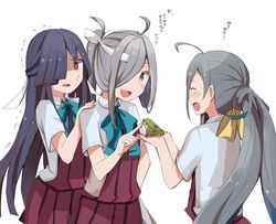  3girls ahoge asashimo_(kantai_collection) black_hair blue_bow blue_bowtie blue_hair bow bowtie brown_eyes closed_eyes commentary_request dress frog green_eyes grey_hair hair_over_one_eye hand_on_another&#039;s_shoulder hayashimo_(kantai_collection) headband hime_cut index_finger_raised kantai_collection kiyoshimo_(kantai_collection) long_hair low_twintails multicolored_hair multiple_girls open_mouth purple_hair riz_(ravel_dc) scared school_uniform sharp_teeth shirt short_sleeves silver_hair sleeveless sleeveless_dress sweatdrop teeth translation_request trembling twintails very_long_hair white_background white_shirt 