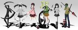  2boys 4girls 6274 6_9 absurdres between_fingers black_eyes black_hair black_legwear blonde_hair braid brown_eyes brown_hair claw_(weapon) colored_skin drill extra_arms green_eyes green_shirt green_skin grey_background highres holding kneehighs knife kunai long_hair madotsuki monoe monoko multiple_boys multiple_girls piano_keys pink_shirt poniko ponytail pose scythe sekomumasada_sensei shadow shirt shitaisan short_hair skirt socks standing standing_on_one_leg twin_braids twintails uboa weapon white_legwear white_skin yume_nikki 