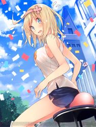  ahoge balloon blonde_hair blue_eyes blush breasts chibi cloud cloudy_sky confetti cosette_coalhearth day female gym_uniform hairband kuwashima_rein looking_back medium_breasts open_mouth outdoors senjou_no_valkyria_(series) senjou_no_valkyria_2 shirt short_hair shorts sitting sky stool sweatdrop 