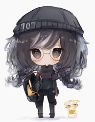  backpack bad_id bad_pixiv_id bag beanie black-framed_eyewear black_hat black_pants boots braid brown_eyes brown_footwear brown_gloves brown_hair chibi closed_mouth commentary_request cottontailtokki dokkaebi_(rainbow_six_siege) elbow_gloves feline female fingerless_gloves full_body glasses gloves green_shirt grey_background hand_up hat highres long_hair looking_at_viewer low_twintails pants rainbow_six_siege round_eyewear shadow shirt short_sleeves solo standing twin_braids twintails 