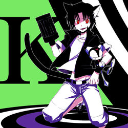  1boy animal_ears belt black_hair cat_ears cat_tail collarbone commentary_request cyborg_kuro-chan fangs gatling_gun gun hinashio jacket kneeling kuro_(cyborg_kuro-chan) looking_at_viewer m_(cyborg_kuro-chan) navel open_mouth pants personification photoshop_(medium) red_eyes shirt shoes short_hair t-shirt tail weapon wristband 