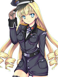  belt blonde_hair blue_eyes commentary_request dai_(series) daiteikoku drill_hair female gloves hat long_hair looking_at_viewer military military_hat military_uniform retia_adolf simple_background smile solo tsukigano uniform white_background 