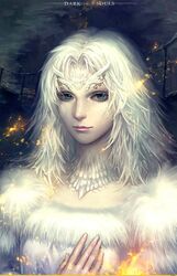  absurdres aqua_eyes bridge dark_souls_(series) dark_souls_i female green_eyes highres imageboard_desourced long_hair non-web_source priscilla_the_crossbreed scales slit_pupils solo upper_body white_hair yufy 