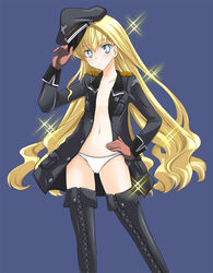  black_footwear black_thighhighs blonde_hair blue_background blue_eyes boots breasts collarbone commentary_request cross-laced_footwear dai_(series) daiteikoku female gloves hand_on_own_hip hat jacket lace-up_boots long_hair looking_at_viewer megumi_ryouko military_hat military_jacket military_uniform navel panties retia_adolf simple_background small_breasts solo thigh_boots thighhighs underwear uniform very_long_hair white_panties 