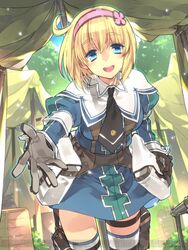  ahoge blonde_hair blue_eyes cosette_coalhearth cowboy_shot female gloves hairband looking_at_viewer military military_uniform necktie open_mouth pouch reaching reaching_towards_viewer senjou_no_valkyria_(series) senjou_no_valkyria_2 short_hair smile solo tent thighhighs toujou_sakana uniform zettai_ryouiki 