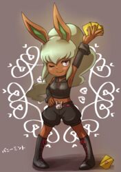  animal_ears arm_up bad_id bad_pixiv_id boots bunny_mint character_name choker cross-laced_footwear female full_body hand_on_own_hip high_ponytail long_hair looking_at_viewer midriff navel one_eye_closed pigeon-toed rabbit rabbit_ears rabbit_girl shorts smile solo standing thin_(suzuneya) youkai_(youkai_watch) youkai_watch 