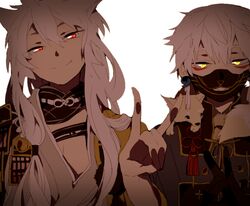  2boys animal_ears animal_on_shoulder armor bad_id bad_pixiv_id bishounen dark fang_out flower_knot fox fox_boy fox_ears fox_shadow_puppet glowing glowing_eyes gold_trim hiiragi_fuyuki japanese_armor japanese_clothes kogitsunemaru long_hair looking_at_viewer male_focus menpoo multiple_boys nakigitsune nakigitsune&#039;s_fox necktie oerba_yun_fang red_eyes simple_background smile tassel touken_ranbu upper_body very_long_hair white_background white_hair yellow_eyes 