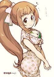  blush breasts brown_eyes brown_hair cleavage commentary_request dress female hair_ribbon idolmaster idolmaster_cinderella_girls jewelry long_hair looking_at_viewer medium_breasts necklace ponytail randou ribbon smile solo wakabayashi_tomoka 