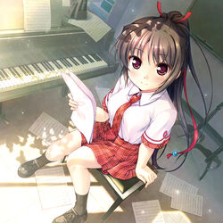  bekkankou bench brown_hair daitoshokan_no_hitsujikai female highres holding holding_paper instrument loafers long_hair looking_at_viewer music_stand necktie on_bench paper papers piano plaid plaid_necktie plaid_skirt sakuraba_tamamo school_uniform sheet_music shoes sitting skirt smile socks solo 