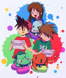  2boys :p bad_id bad_tumblr_id blue_oak bulbasaur character_doll charmander cushion female flame-tipped_tail game_console green_(pokemon) katou_(osoraku) multiple_boys paint_splatter playing_games pokemon pokemon_(creature) pokemon_adventures red_(pokemon) shirt splatoon_(series) splatoon_1 splatter squirtle starter_pokemon_trio t-shirt tongue tongue_out wii_u wii_u_gamepad 