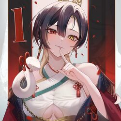  animal_on_shoulder bare_shoulders black_hair blonde_hair breasts chains closed_mouth clothing_cutout commentary_request epaulettes falling_petals female flower_knot hair_between_eyes heterochromia highres kannagi_loki multicolored_hair numbered official_art oni_kanzei petals phase_connect red_eyes red_nails red_petals snake solo tassel two-tone_hair underboob_cutout upper_body virtual_youtuber yellow_eyes 