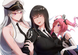  3girls absurdres angry azur_lane black_hair black_necktie breasts closed_eyes closed_mouth collared_shirt commander_(azur_lane) commission elbow_gloves enterprise_(azur_lane) female_commander_(azur_lane) frown glasses gloves grey_hair hat highres holding_another&#039;s_arm jealous large_breasts long_hair long_sleeves looking_at_another multiple_girls necktie open_mouth pink_hair purple_eyes rororo saratoga_(azur_lane) shirt simple_background sleeveless small_breasts smile standing twintails white_background white_gloves white_shirt 