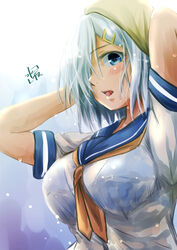  blue_background blue_bra blue_eyes blush bra bra_visible_through_clothes breasts drying drying_hair female gloves gradient_background grey_hair grey_sailor_collar hair_ornament hair_over_one_eye hairclip hamakaze_(kancolle) highres kantai_collection large_breasts looking_at_viewer mizuya_chiharu neckerchief sailor_collar school_uniform serafuku short_hair short_sleeves signature solo towel towel_on_head underwear upper_body wet wet_clothes white_gloves 