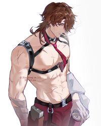  1boy abs absurdres bare_pectorals beard_stubble belt black_belt bottle brown_hair english_commentary english_text facial_hair framed_pectorals gallagher_(honkai:_star_rail) gloves highres holding holding_bottle holster honkai:_star_rail honkai_(series) male_focus medium_hair navel necktie nipples pants pectorals red_necktie red_pants scar scar_on_arm scar_on_chest scar_on_shoulder scar_on_stomach shoulder_holster simple_background smoking solo stubble twitter_username upper_body white_background white_gloves xiaozongcai521 