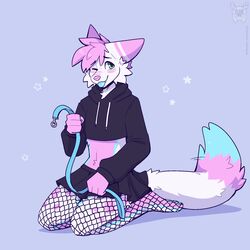  1:1 2023 anthro biped blep blue_body blue_fur blue_pawpads blue_tail blue_tongue blush bottomwear canid canine clothed clothing cropped_hoodie crossdressing dipstick_tail femboy fishnet_clothing fishnet_leggings fishnet_legwear fleurfurr fox fur hair hi_res holding_leash holding_object kneeling leash leggings legwear male mammal markings midriff miniskirt pawpads pink_body pink_ears pink_fur pink_hair pink_nose pink_spots pink_tail skirt solo spots tail tail_markings tongue tongue_out walkies watermark white_body white_ears white_fur white_tail 