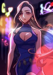  absurdres bare_arms bare_shoulders black_hair blue_dress blurry blurry_background blush breasts city_lights cleavage cleavage_cutout clothing_cutout collarbone commentary cowboy_shot crescent crescent_earrings dress earrings english_commentary female final_fantasy final_fantasy_vii floating_hair gold_earrings hair_behind_ear highres jewelry large_breasts long_hair looking_at_viewer neon_lights night official_alternate_costume outdoors parted_lips red_eyes seilidare short_dress single_earring skin_tight sleeveless sleeveless_dress solo swept_bangs tifa_lockhart tifa_lockhart_(refined_dress) turtleneck turtleneck_dress wavy_hair 