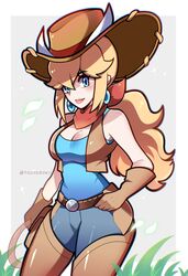  artist_name belt blonde_hair blue_eyes boots border breasts brown_footwear brown_gloves cleavage closed_mouth commentary cowboy_hat cowgirl_peach denim earrings eyelashes female gloves grass grey_background hair_between_eyes hat highres holding holding_whip jeans jewelry large_breasts long_hair mario_(series) neckerchief official_alternate_costume outside_border pants pink_lips princess_peach princess_peach:_showtime! red_neckerchief scarf simple_background solo thigh_boots touyarokii twitter_username white_border 