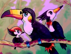  beak bird blue_eyes branch evolutionary_line highres no_humans outdoors pikipek pokemon pokemon_(creature) shadnoir toucannon trumbeak 