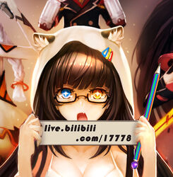  +_+ 4girls animal_hood bad_id bad_pixiv_id benghuai_xueyuan bilibili black-framed_eyewear black_hair blue_eyes blush breasts bronya_zaychik bronya_zaychik_(valkyrie_chariot) camisole cat_hood cleavage collarbone commentary_request glasses heterochromia holding holding_pencil holding_sign honkai_(series) honkai_impact_3rd hood kiana_kaslana kiana_kaslana_(white_comet) long_hair looking_at_viewer medium_breasts multiple_girls oerba_yun_fang open_mouth original out_of_frame pencil photoshop_(medium) raiden_mei raiden_mei_(crimson_impulse) semi-rimless_eyewear sidelocks sign solo_focus under-rim_eyewear watermark web_address yellow_eyes zhuore_zhi_hen 