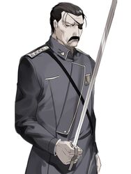  &gt;:( 1boy 791_(meiyuewudi) amestris_military_uniform black_hair commentary_request eyepatch facial_hair frown fullmetal_alchemist highres holding holding_sword holding_weapon jacket king_bradley looking_at_viewer male_focus medal military military_jacket military_rank_insignia military_uniform moustache muted_color one_eye_covered pale_skin rapier red_eyes simple_background solo spoilers star_(symbol) sword uniform upper_body v-shaped_eyebrows weapon white_background wrath_(fma) 