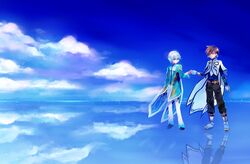  2boys bad_id bad_pixiv_id belt bishounen black_pants blue_eyes boots brown_hair cape cloud coat day fist_bump male_focus mikleo_(tales) miyu_(matsunohara) multiple_boys pants purple_eyes reflection shoes sky smile sorey_(tales) standing tales_of_(series) tales_of_zestiria white_hair 