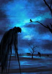  bad_id bad_pixiv_id bird blue_theme creature crow horror_(theme) joki_yoh mad_max mad_max:_fury_road monochrome night no_humans outdoors scenery silhouette stilts tree 