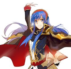  blue_eyes blue_hair blush cape commentary cosplay female fire_emblem fire_emblem:_genealogy_of_the_holy_war fire_emblem:_the_binding_blade fire_emblem_heroes hat jewelry julius_(fire_emblem) julius_(fire_emblem)_(cosplay) lilina_(fire_emblem) long_hair looking_at_viewer novice_(o_novice) red_eyes red_hair simple_background smile solo 