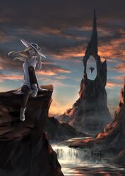  bad_id bad_pixiv_id blonde_hair boots cloud cloudy_sky commentary_request dress fantasy female floating floating_hair floating_object hat highres joki_yoh original rock scenery sitting sky solo sundress sunset water waterfall white_dress 