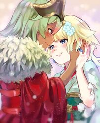  2girls blonde_hair blue_eyes blush closed_mouth commentary_request dark-skinned_female dark_skin earrings fire_emblem fire_emblem_heroes fjorm_(fire_emblem) fjorm_(new_year)_(fire_emblem) flower fur_trim green_hair hair_flower hair_ornament hand_on_another&#039;s_face japanese_clothes jewelry kimono laegjarn_(fire_emblem) laegjarn_(new_year)_(fire_emblem) multiple_girls obi red_eyes sakuramotikun sash short_hair smile yuri 