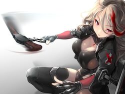  black_gloves black_jacket black_leotard black_thighhighs breasts brown_hair cleavage cleavage_cutout clothing_cutout commentary_request exoskeleton female gem girls&#039;_frontline gloves gun hair_between_eyes jacket jewelry large_breasts leotard lever_action long_hair looking_at_viewer m1887_(girls&#039;_frontline) motion_blur multicolored_hair partially_fingerless_gloves pendant red_eyes red_gemstone red_hair reloading shield shield_module shotgun side_cutout signature solo streaked_hair thighhighs usuki_(graygreed) wavy_hair weapon winchester_model_1887 