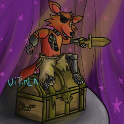  1:1 animatronic anthro canid canine claws digital_media_(artwork) endoskeleton five_nights_at_freddy&#039;s fox foxy_(fnaf) fur hook machine male mammal pirate red_body red_fur robot scottgames smile solo spotlight teeth treasure_chest uitinla weapon yellow_eyes 