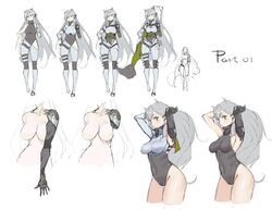  alternate_costume animal_ears asymmetrical_clothes asymmetrical_pants bangs bare_legs bare_shoulders black_leotard blue_eyes braid breasts cape character_sheet commentary_request female framed_breasts girls_frontline gloves grey_hair jacket ksvk_(girls_frontline) large_breasts leg_strap leotard long_hair looking_at_viewer mechanical_arm multiple_views pandea_work ponytail pouch ribbed_leotard solo strap very_long_hair 