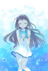  air_bubble blue_eyes blue_scrunchie brown_hair bubble closed_eyes closed_mouth commentary dress female furorida hands_on_own_chest long_hair mukaido_manaka nagi_no_asukara nami_junior_high_school_uniform own_hands_clasped own_hands_together sailor_dress school_uniform scrunchie serafuku solo submerged underwater water wrist_scrunchie 