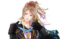  1boy armor black_gloves commentary_request gloves green_eyes japanese_armor kouryuu_kagemitsu long_hair male_focus parted_lips shoulder_armor smile sode solo tam_(tam0804) touken_ranbu 