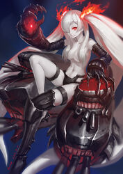  absurdres abyssal_ship artist_name bikini bikini_bottom_only black_bikini blue_background breasts cannon claws collarbone commentary_request dated female fiery_hair fire gauntlets glowing hair_censor hair_over_breasts hair_over_one_eye highres kantai_collection large_breasts light_smile long_hair looking_at_viewer navel pale_skin photoshop_(medium) red_eyes reisun001 signature simple_background smile solo southern_ocean_war_princess swimsuit thigh_strap topless turret twintails white_hair 