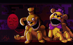  anthro bear bow_(feature) bow_tie clothing creepy digital_media_(artwork) duo english_text fiszi five_nights_at_freddy&#039;s five_nights_at_freddy&#039;s_4 fredbear_(fnaf) glowing glowing_eyes hat headgear headwear hi_res lagomorph leporid male mammal plushie plushtrap_(fnaf) rabbit scottgames text 