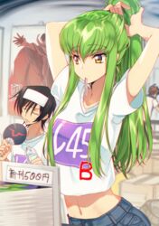  2boys adjusting_hair arms_up bad_id bad_pixiv_id black_hair bottle c.c. closed_eyes code_geass collarbone commentary_request convention creayus fanning female from_behind green_hair hair_between_eyes hair_tie_in_mouth hand_fan hand_in_own_hair holding holding_bottle indoors kururugi_suzaku lelouch_vi_britannia long_hair mouth_hold multiple_boys navel novel_(object) parted_lips ponytail shirt short_hair short_sleeves sidelocks sitting standing sweatdrop tying_hair upper_body white_shirt yellow_eyes 