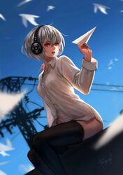  black_thighhighs bottomless breasts bryanth commentary_request female headphones highres medium_breasts original paper_airplane photoshop_(medium) red_eyes shirt short_hair silver_hair sitting solo thighhighs thighs white_shirt 