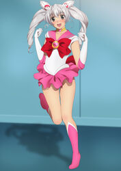  bishoujo_senshi_sailor_moon black_eyes blush boots breasts choker cosplay feet female full_body full_metal_panic gloves grey_hair happy highres indoors legs long_hair looking_at_viewer open_mouth pink_boots pink_skirt sailor_chibi_moon_(cosplay) serafuku shadow silver_hair skirt smile solo standing teletha_testarossa thighs tiara tiptoes twintails white_gloves yadokari_genpachirou 