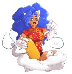  2018 5_fingers animal_humanoid arms_bent asian_clothing bent_legs blue_body blue_fur breasts capcom cat_humanoid cerebropodrido chinese_clothing chinese_dress clothing crossed_legs darkstalkers digital_media_(artwork) dress east_asian_clothing fangs felicia_(darkstalkers) felid felid_humanoid feline feline_humanoid female fingers fur green_eyes hi_res humanoid looking_at_viewer mammal mammal_humanoid sitting smile solo spread_knees teeth 