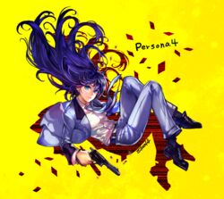  belt blue_eyes blue_hair breasts commentary_request denim elran female gun jeans long_hair medium_breasts necktie pants persona persona_4 persona_x_detective shirogane_naoto solo weapon 