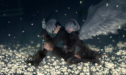  dress first_light nier_automata sword thighhighs wings yorha_no.2_type_b yorha_no._9_type_s 