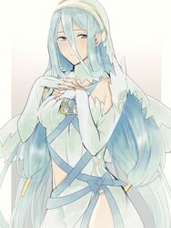  azura_(fire_emblem) blue_hair blush commentary_request dress elbow_gloves female fire_emblem fire_emblem_fates gloves hair_between_eyes hairband jewelry long_hair looking_at_viewer solo sou_mei veil very_long_hair yellow_eyes 