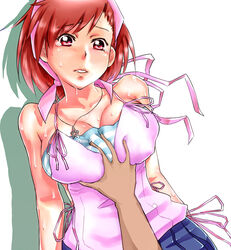  1boy arms_at_sides bare_shoulders breasts cleavage collarbone commentary_request covered_nipples dark_skin devil_survivor dutch_angle female grabbing grabbing_another&#039;s_breast head_tilt highres jewelry large_breasts necklace pendant red_eyes red_hair sato_iori short_hair simple_background sleeveless solo_focus straight striped sweat teardrop tearing_up upper_body white_background yuzu_tanigawa 