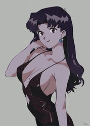  1girls black_dress breasts brown_eyes cleavage dress earrings female female_only fully_clothed long_hair misato_katsuragi neon_genesis_evangelion neopn_genesis_evangelion optionaltypo purple_hair revealing_clothes revealing_dress solo 