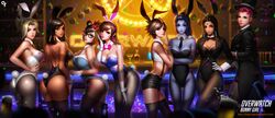  animal_ears ass black_hair blonde_hair blue_eyes blue_hair bow braids breasts brown_eyes brown_hair bunnygirl cleavage collar d.va dark_skin drink elbow_gloves glasses gloves green_eyes group hat headband headdress liang_xing long_hair mei_(overwatch) mercy_(overwatch) overwatch pantyhose pharah_(overwatch) photoshop pink_hair ponytail realistic scar short_hair shorts stockings symmetra tail tattoo thighhighs tie tracer watermark widowmaker wristwear yellow_eyes zarya 